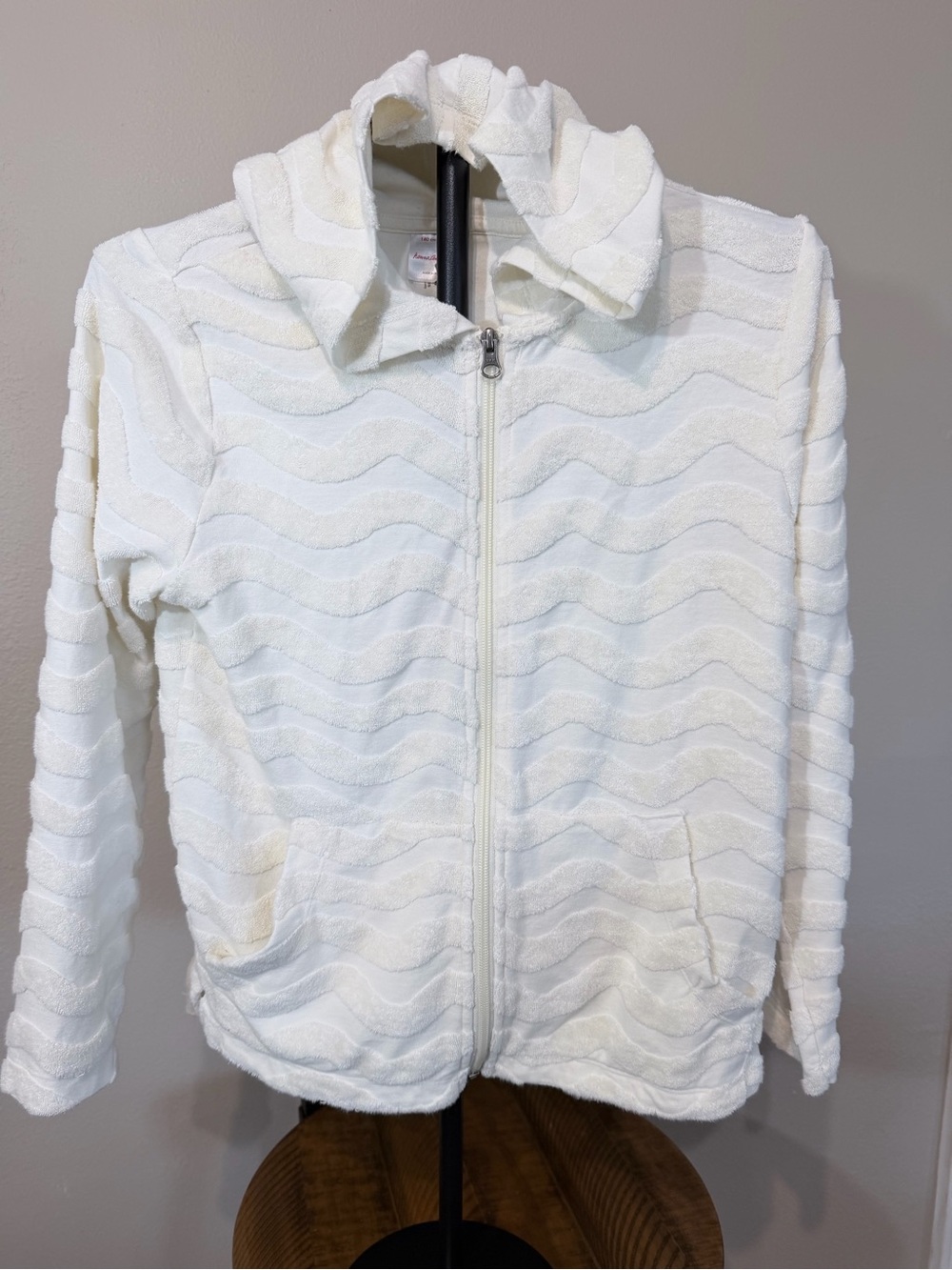 Hanna Andersson Girls White Textured Terry Cotton Full Zip Sweatshirt in size 10